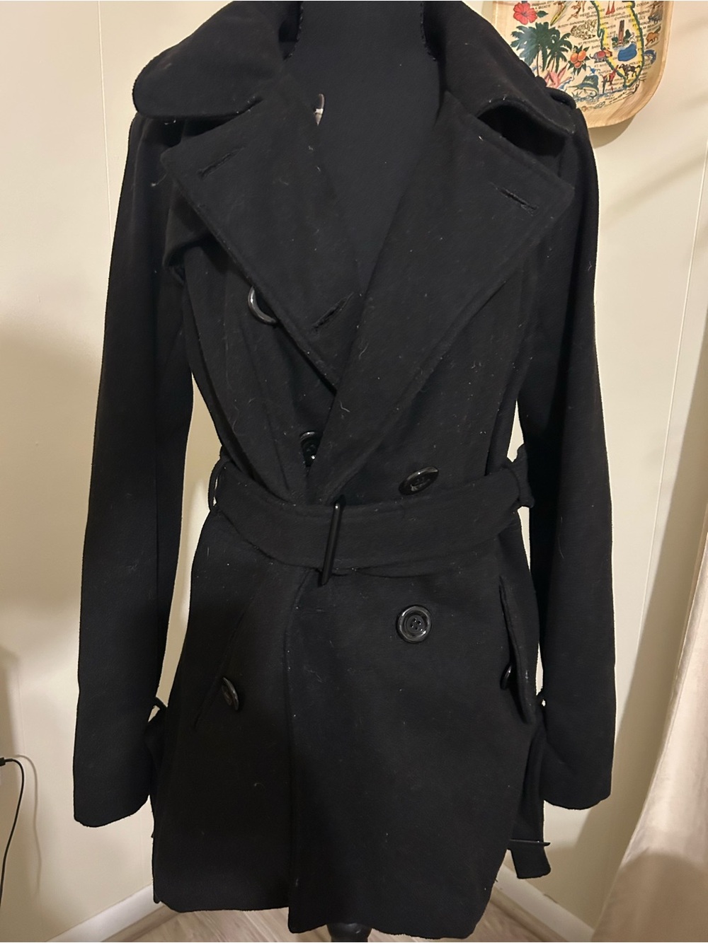 Classic Black Double-Breasted Women's Wool Blend Trench Coat